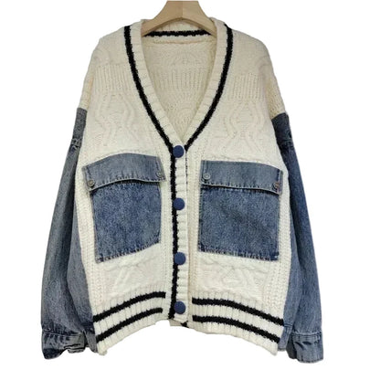 🍒Patchwork knit cardigan loose v-neck long sleeve sweater for women spring/summer female denim fashion with pockets Don’t Delay Denim Dellivers