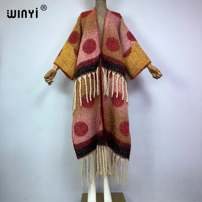 🍒winter coat for women fashion print long outdoor cardigan with  tassels luxury knitted overcoat thick europe warm long knit jacket cardigan Hot Spot