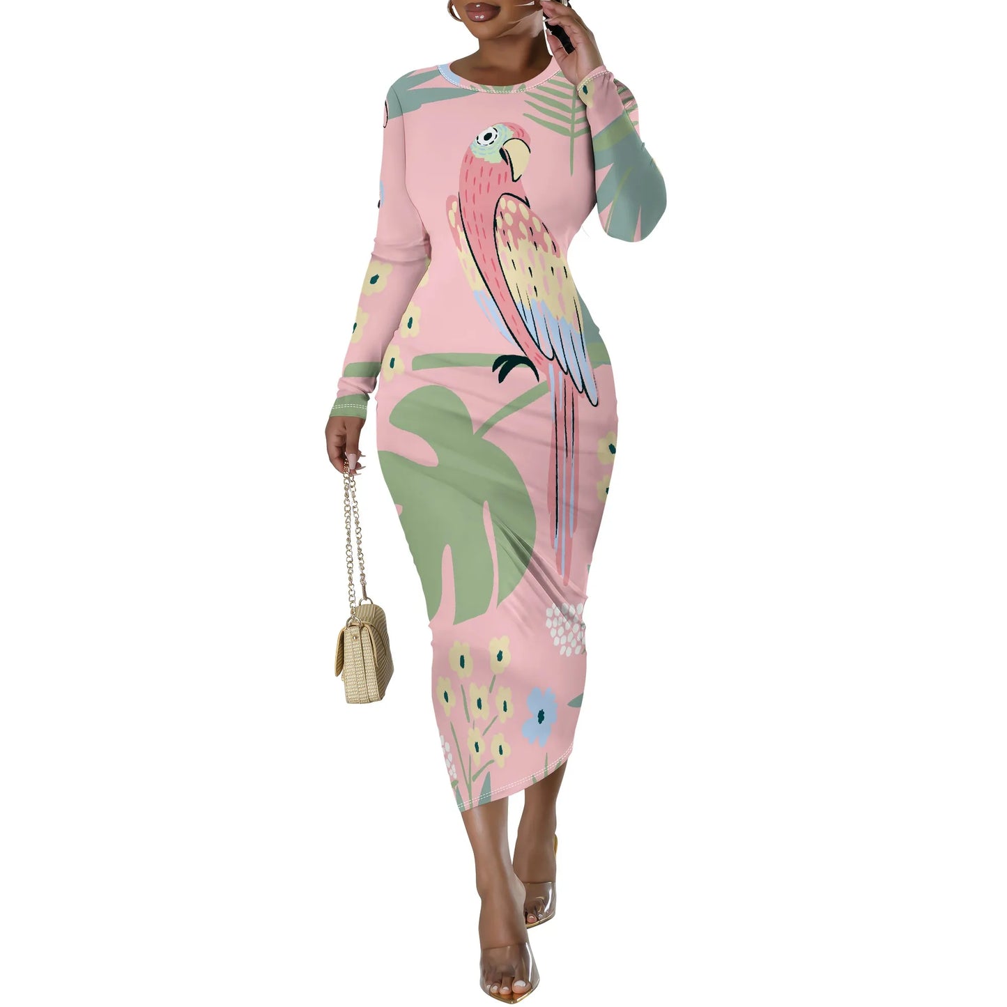 🍒Floral print dresses for women o -neck long sleeve fashion  stretchy summer clothes fitted bodycon midi smart casual You Won't Want To Leaf This Dress Alone