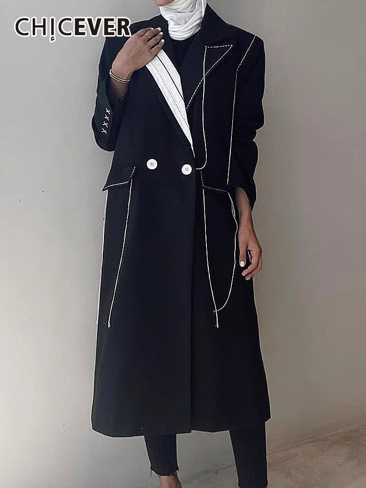 🍒 Colour contrast coat with lapel collar long sleeve overcoat for women with straight patchwork pockets casual spring coat female fashion wear Collar Cool Contrast