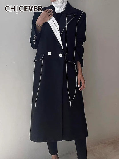 🍒 Colour contrast coat with lapel collar long sleeve overcoat for women with straight patchwork pockets casual spring coat female fashion wear Collar Cool Contrast
