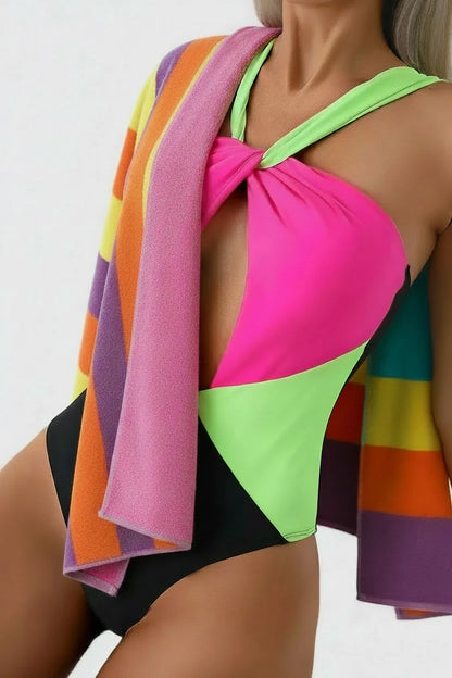 🍒Fashion swim suit one-piece pool part bathing suit women's Backless swimwear hollow cross-colour swimsuit          Tri Colour Stunner
