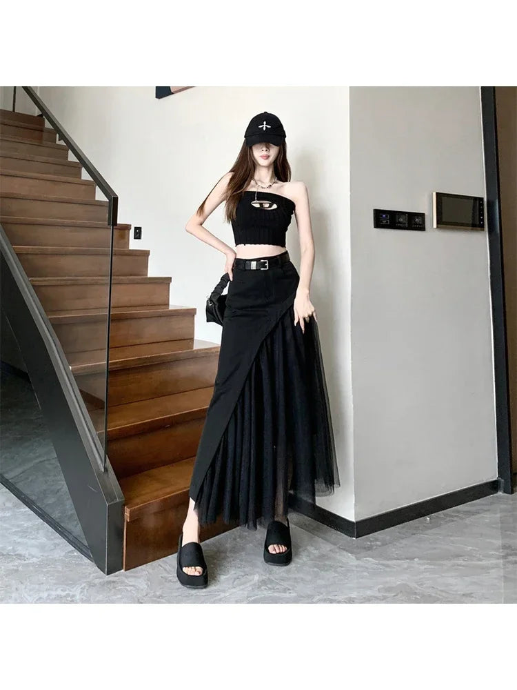 🍒Womens black skirt long smart casual wear vintage a-line skirt Y2k fashion streetwear party occashion clothes Wear Mixed Media A-ffair
