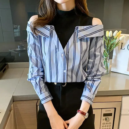 🍒Fake two piece shirt cotton blouse for women off shoulder top cool blue stripe shirt Woman Particular Trends Youth