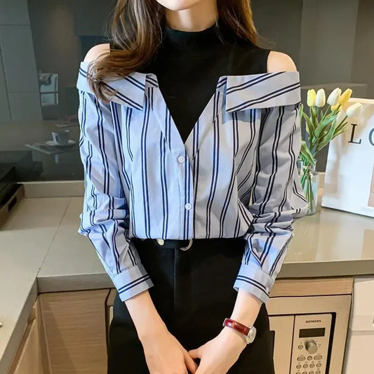 🍒Fake two piece shirt cotton blouse for women off shoulder top cool blue stripe shirt Woman Particular Trends Youth