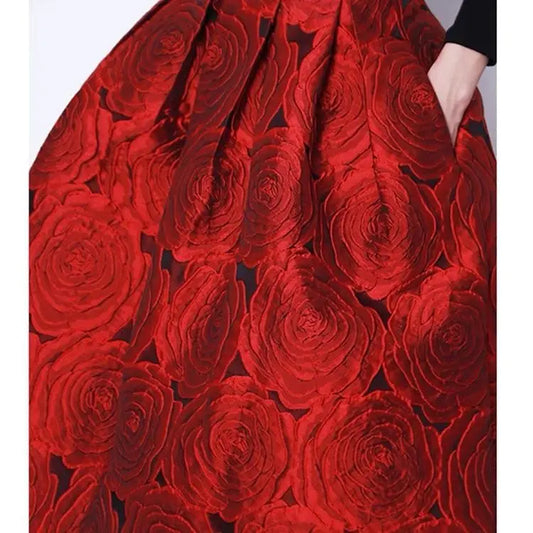 🍒High waist puffy skirt rose red floral clothing feminine fashion smart casual women’s vintage clothes wear knee-length a-line occasion wear fashion A- Rose For A Rose