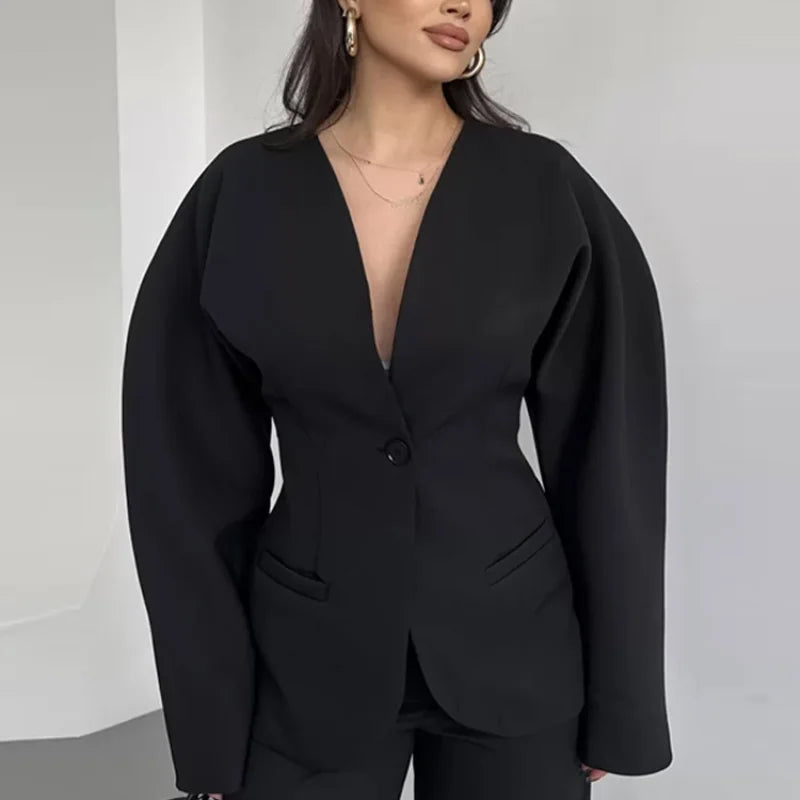 🍒Stylish blazers coat v neck jacket for women and pants set party occasion wear single button suit with matching straight long trousers office outfit single out this single button in a Single Minute