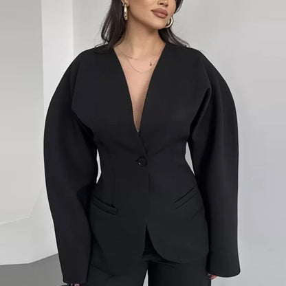 🍒Stylish blazers coat v neck jacket for women and pants set party occasion wear single button suit with matching straight long trousers office outfit single out this single button in a Single Minute