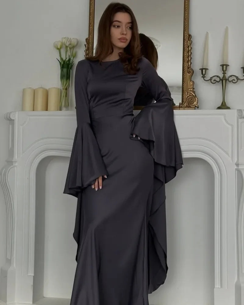 🍒Cocktail party dress big swing  bell sleeve outfit empire waist banquet clothing solid maxi gown party wear Be The Bell Of The Ball In Your Bell