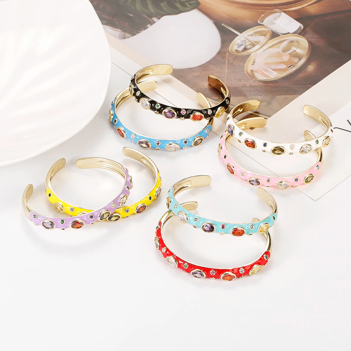 🍒Luxury zircron stone bangle colour crystal bracelet gold color for women summer classic pink oil drip jewlery thin cuff bracelets rhinestones gifts for women