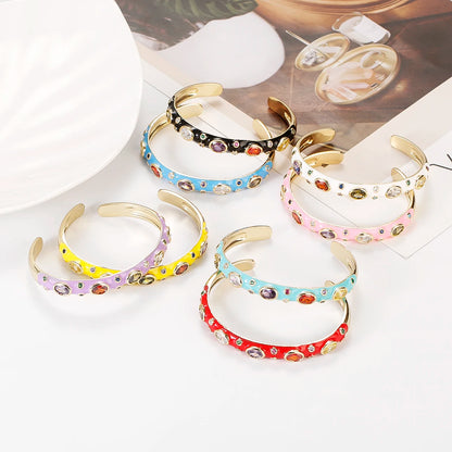 🍒Luxury zircron stone bangle colour crystal bracelet gold color for women summer classic pink oil drip jewlery thin cuff bracelets rhinestones gifts for women