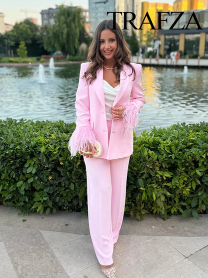 🍒Women's pink blazer sets lapel  collar long sleeve coat jacket single-breasted and chic pocket zip pants high waist party occasion wear Floss In Candy