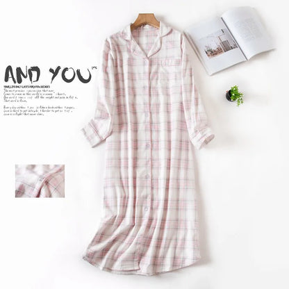 🍒pyjama nightie autumn and winter nightwear for women cotton flannel sleep shirt long sleeve nightshirt button down sleepdress No Flannel Flannel