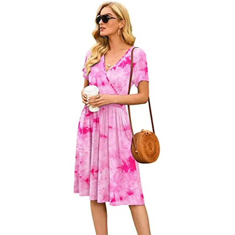 🍒Printed v-neck a-line short sleeve dress floral with high waist over knee outfits for summer womens fashion clothing beachwear holiday clothing A Bunch Of Beautiful Florals