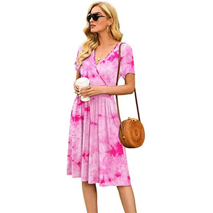 🍒Printed v-neck a-line short sleeve dress floral with high waist over knee outfits for summer womens fashion clothing beachwear holiday clothing A Bunch Of Beautiful Florals