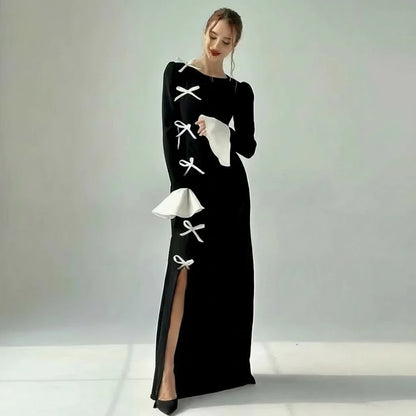 🍒Black evening dresses long flared sleeves side slit outfit party evening gown with bows maxi occasion dress black and white Walk Your Pretty Side