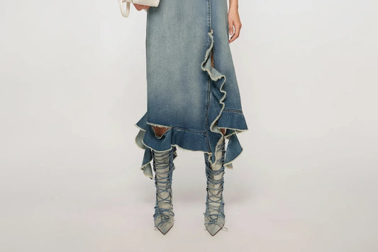 🍒Lace up jeans boots blue with heel long pointed toe stilettos runway fashion shoes modern denim footwear for women Dressy Denims