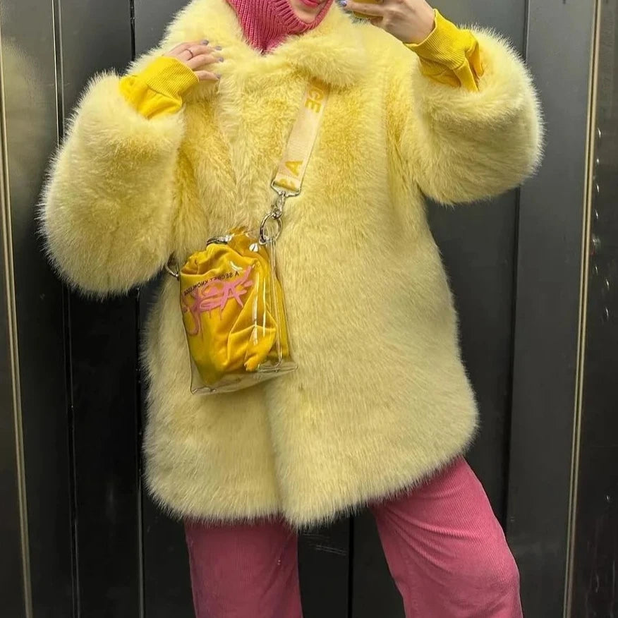 🍒Long Sleeve faux fur jacket with turn down collar loose fit short coat casual autumn jacket  winter outerwear Check Out This Chick