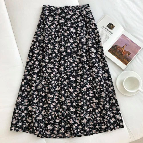 🍒Vintage floral midi skirt summer high waist fashion wear flor Woman ditsy print clothing Versatile wear casual clothes Versatile Print Mint Vint