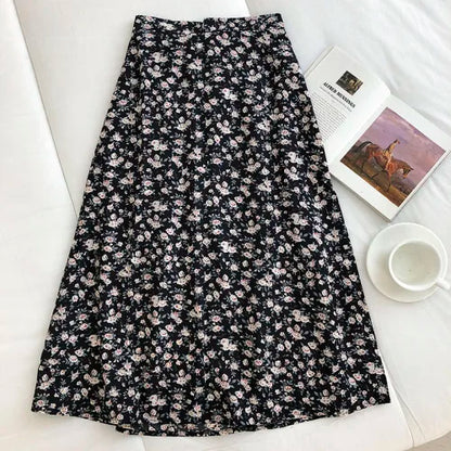 🍒Vintage floral midi skirt summer high waist fashion wear flor Woman ditsy print clothing Versatile wear casual clothes Versatile Print Mint Vint