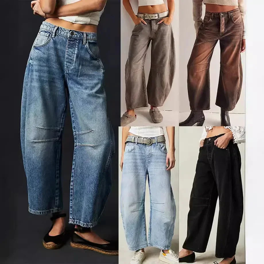 🍒Loose mid waist Jeans bleached denim style full length pants fashion solid colour trousers with pockets casual wear for women Barrels Of Style