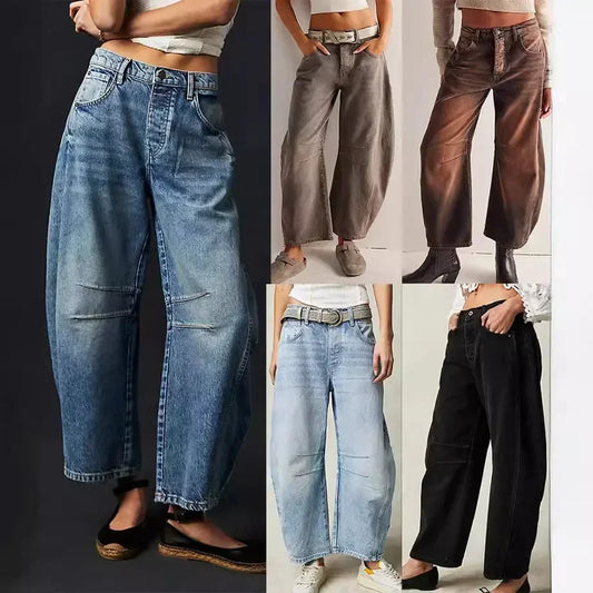 🍒Loose mid waist Jeans bleached denim style full length pants fashion solid colour trousers with pockets casual wear for women Barrels Of Style