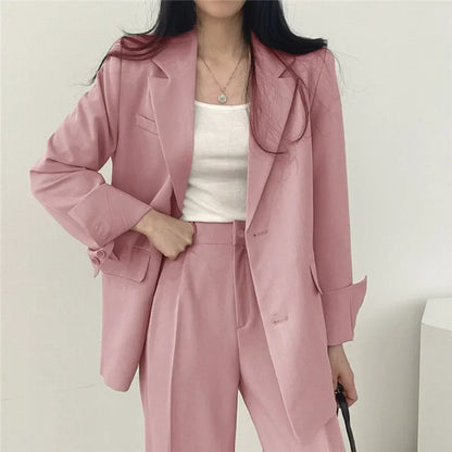 🍒Solid color women's suit set fashion loose casual wear 2 piece set office suits for ladies long sleeve pocket jacket formal wear strawbery choclate ...Suit Yourself