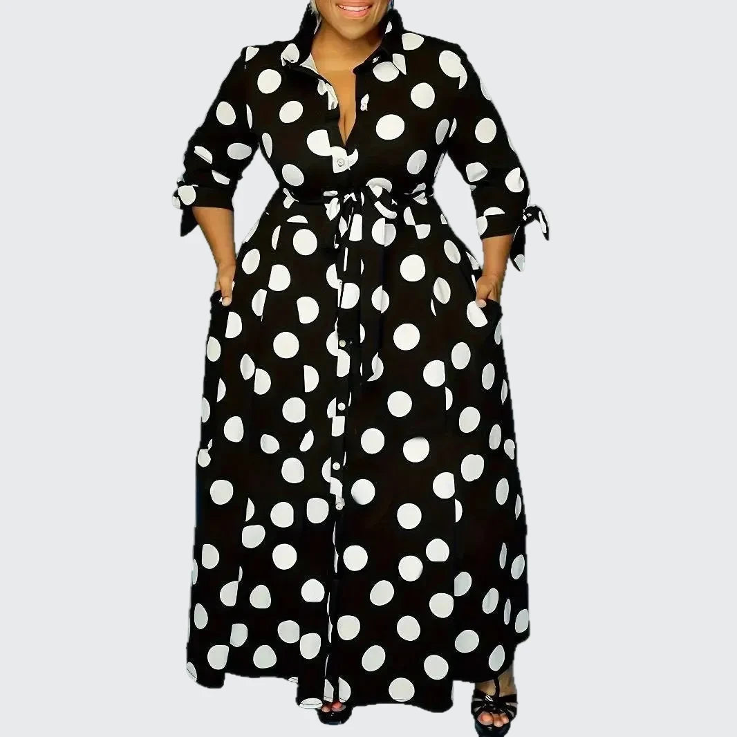 🍒Plus size polka dot dress with sleeves printed high waist outfit maxi dress smart casual women a-line dress  LONGing for this DOTty, PRINT at check out