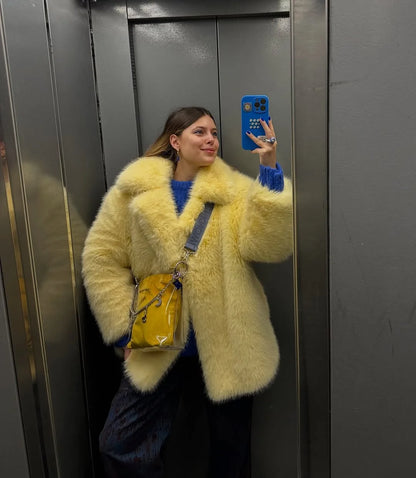 🍒Long Sleeve faux fur jacket with turn down collar loose fit short coat casual autumn jacket  winter outerwear Check Out This Chick