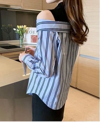 🍒Fake two piece shirt cotton blouse for women off shoulder top cool blue stripe shirt Woman Particular Trends Youth
