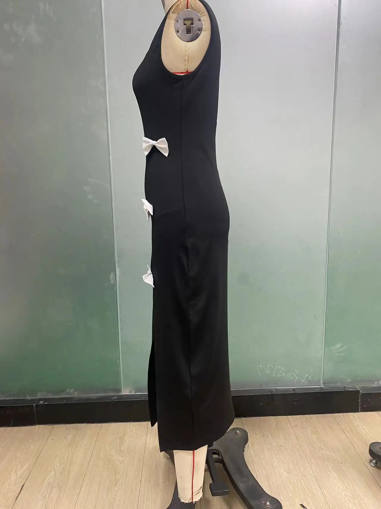 🍒Black dress side bows bodycon with slit midi cocktail outfit women party evening gown  occasion fashion Sweet-Edge