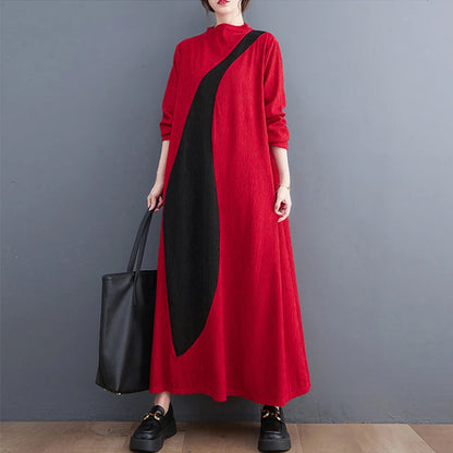 🍒Long sleeve maxi dress red and black outfit long sleeve loose  women smart casual clothes with patchwork loose fit a-line occasion wear chic holiday wear oversize fashion  Black Out Boring Clothes And Get This Red