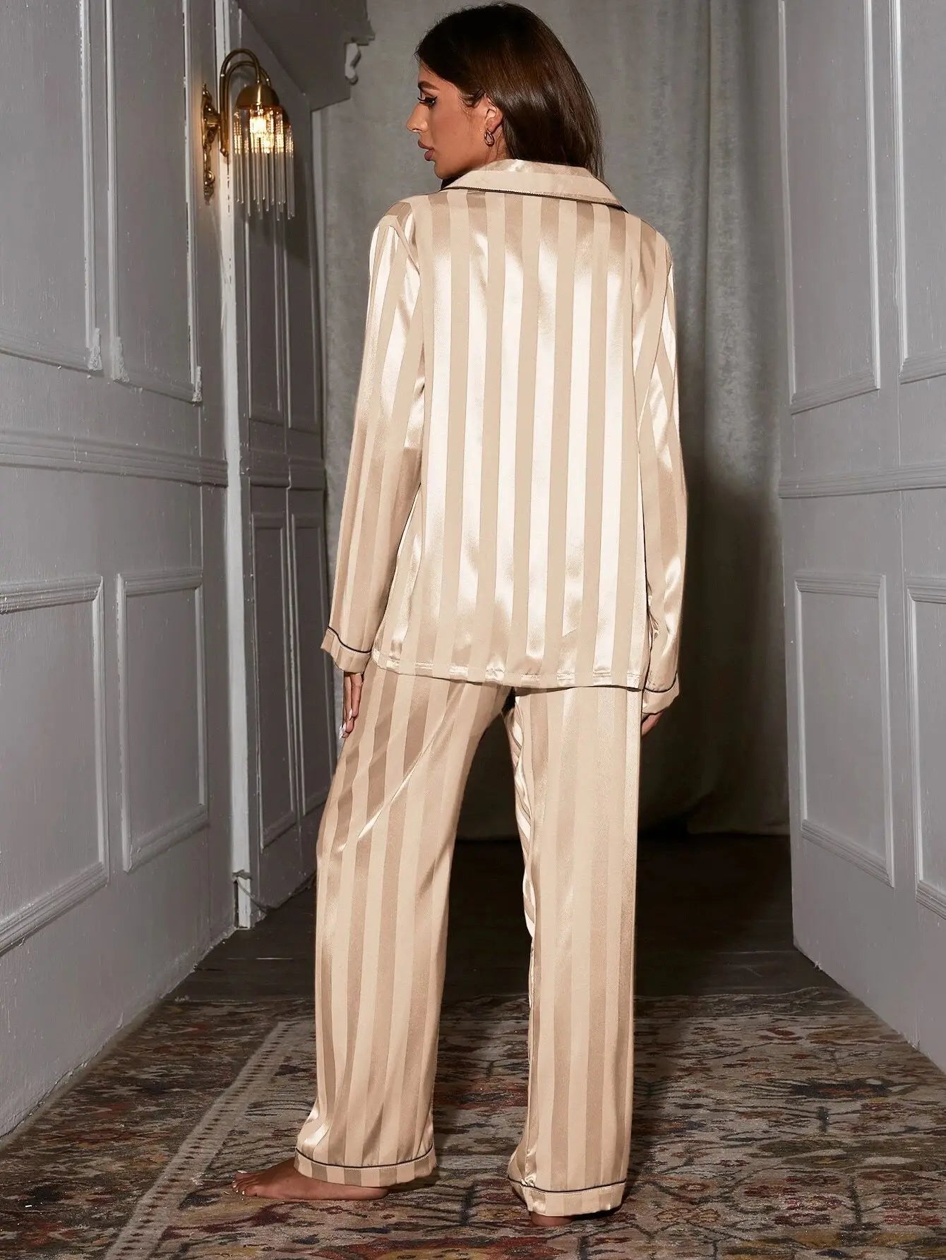 🍒Womens pyjama sets home wear pjs set two piece ice silk set long sleeved nightwear shirt and nightwear pants silky sleepwear Slip Into Slinky Silky Sleepers