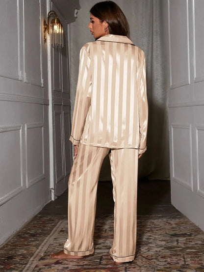 🍒Womens pyjama sets home wear pjs set two piece ice silk set long sleeved nightwear shirt and nightwear pants silky sleepwear Slip Into Slinky Silky Sleepers