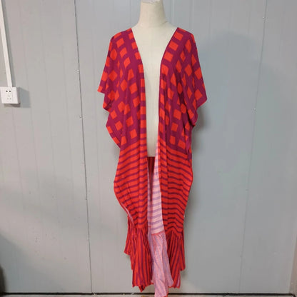 🍒Beach cover ups for swimwear women checker kimono with sripes cape summer dress beachwear outfits Check Out This Beach