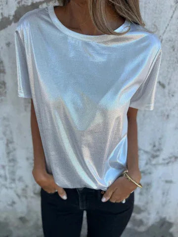 🍒Metalic loose top shiny short sleeve tee womens special occasion tops gold t-shirt o-neck fashion smart casual ladies clothes  Top 'Talic Tee