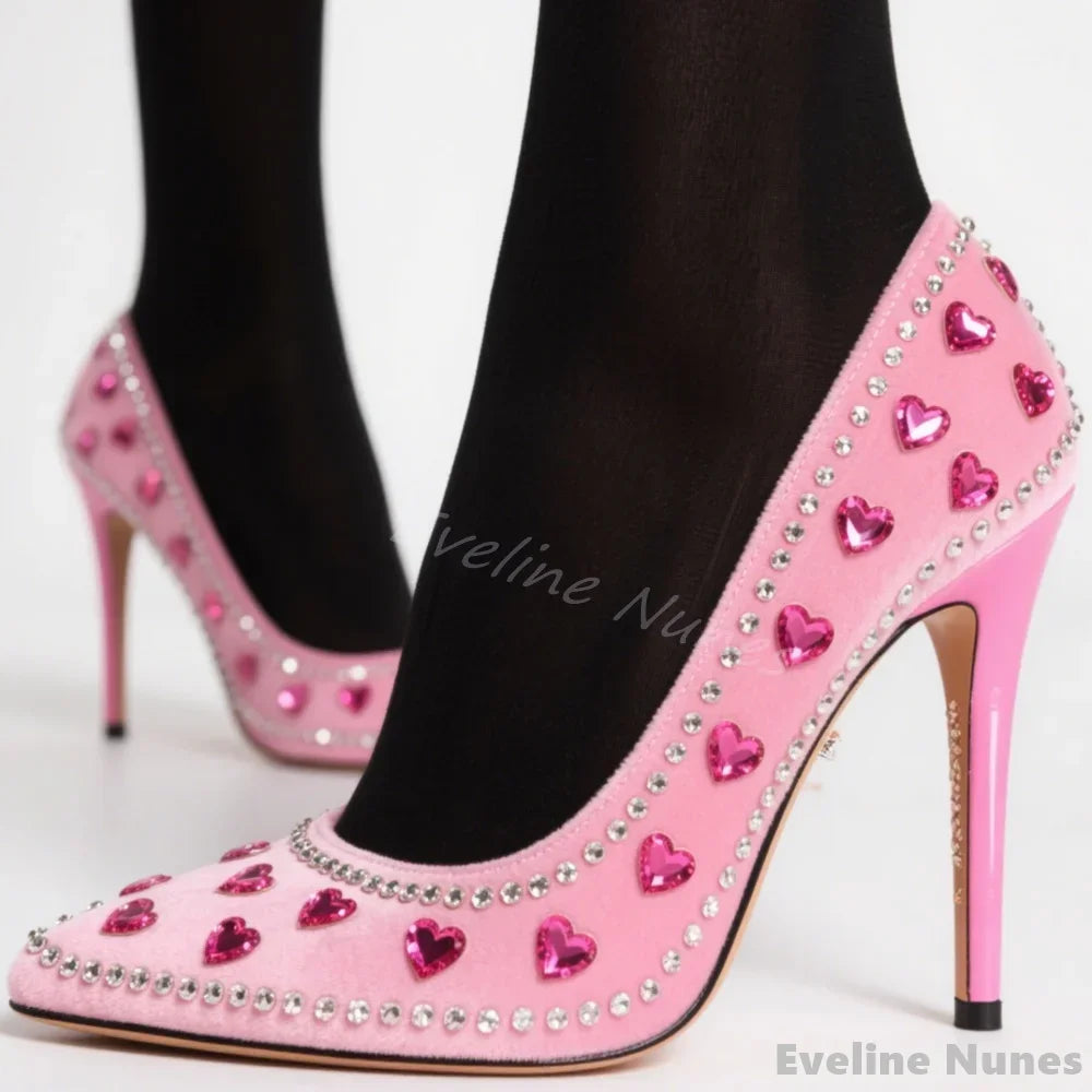 🍒Pink occasion shoes high heels flannel heart embelished pumps pointed toe occasion shoes rhinestone heels slip on luxury catwalk party stillettos with hearts Dont Be Apart From These Hearty Parties