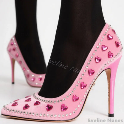 🍒Pink occasion shoes high heels flannel heart embelished pumps pointed toe occasion shoes rhinestone heels slip on luxury catwalk party stillettos with hearts Dont Be Apart From These Hearty Parties