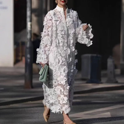 🍒Women's lace dress 3d flowers long sleeve maxi womens occasion wear wedding guest outfit autumn party wear Fem Fleur Fresh Fashion