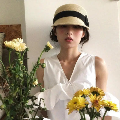 🍒Hat with bow grass straw hat woven cap duckbill hat women sun protection cap for summer outdoor hat fashion DUCK Big Hat  BILLs