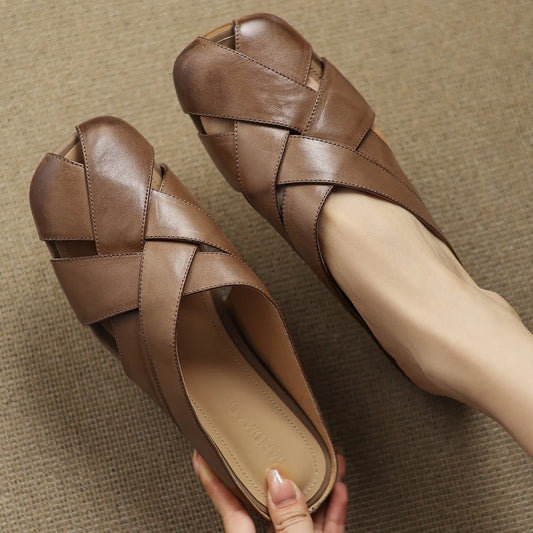 🍒Real leather summer sandals slip on flats for women band braided slides summer footwear round toe soft high quality mules