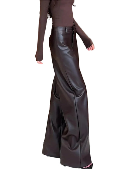 🍒High waist pu leather pants deep brown smart casual women floor length boot cut leather trousers occasion party wear clothing CUT out the chase for a BOOT boost