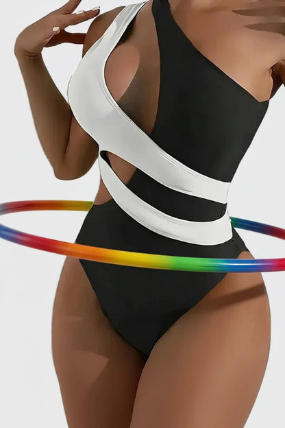 🍒One-piece swimsuit colour block collision single shoulder bathing suit strap design high eastic backless swimwear type european style swimming costume with tie straps  SHOREly CHIC