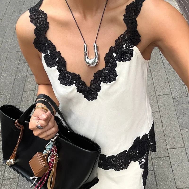 🍒 Lace camisole top and maxi skirt set women patchwork sleeveless backless tops and long loose skirts sets female summer fashion occasion party wear clothing smart casual women Lady Lace