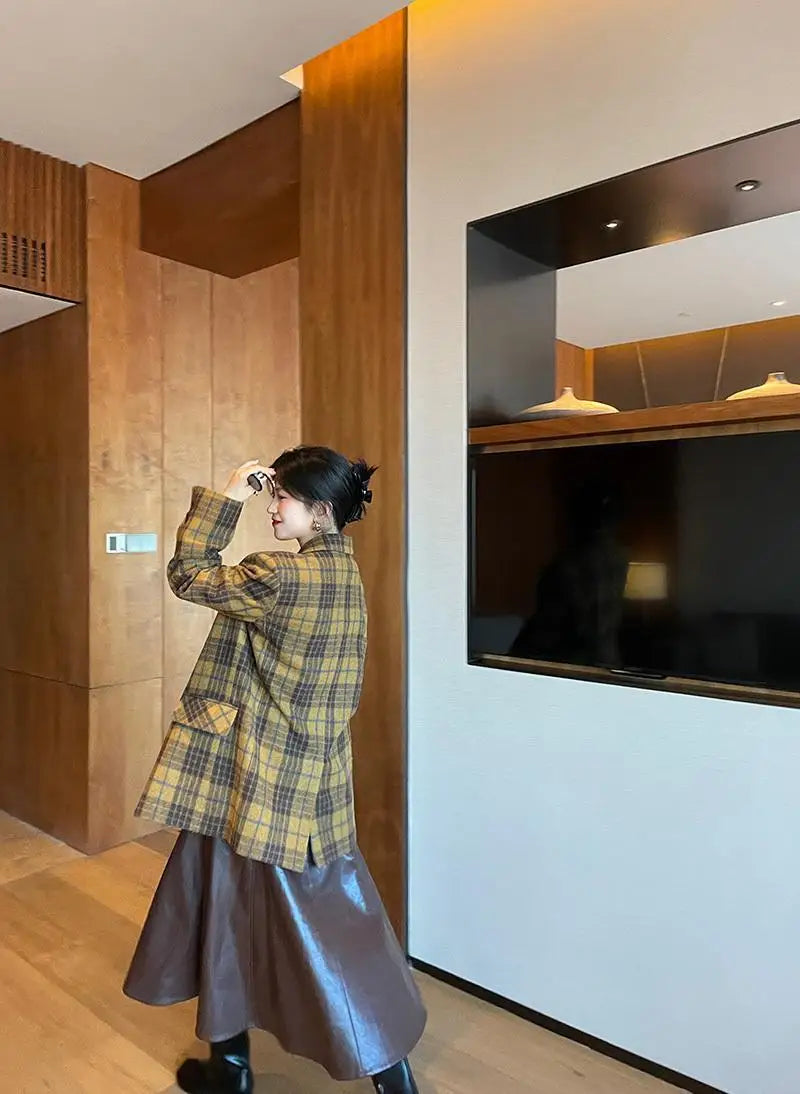 🍒Womens brown blazer vintage wool plaid Jacket autumn winter british style trendy eye catching yellow check coat long sleeve female smart casual clothing Chunky Check Charm