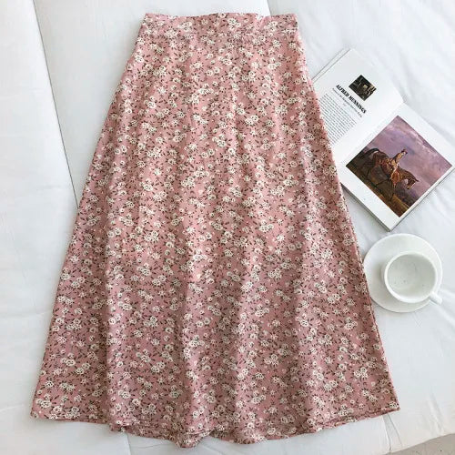 🍒Vintage floral midi skirt summer high waist fashion wear flor Woman ditsy print clothing Versatile wear casual clothes Versatile Print Mint Vint
