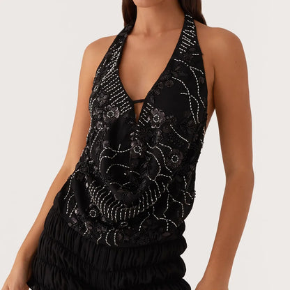 🍒Glitter sequin tops women y2k outfit fashion deep v-neck crop top backless draped front blouse beach top