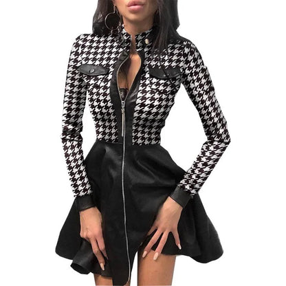 🍒Pu leather dress for women  lace mesh sleeve mixed media fashion party dress mini elegant stand neck collar a-line outfit Pretty Plaid Pu