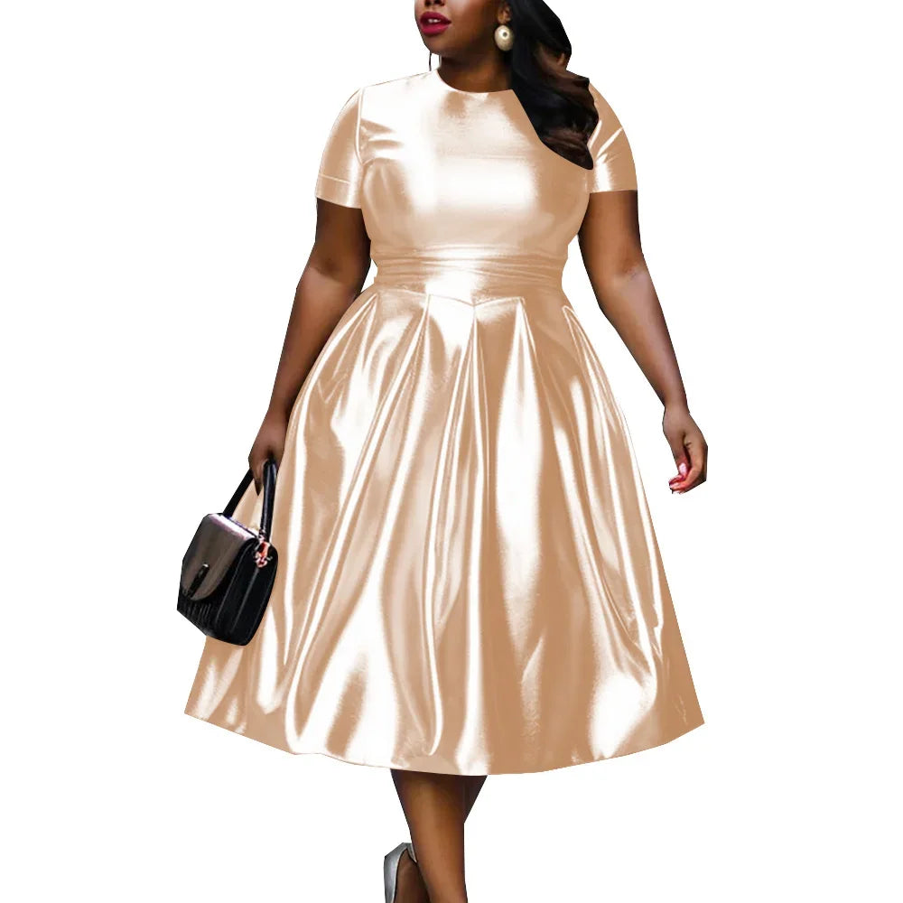 🍒A-line shiny dress metallic short sleeve midi for women plus size outfit fit and flare elastic dress smart casual clothing Summer Stunner