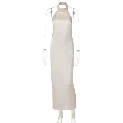 🍒Solid halter neck dress european and american style summer party occassionwear  party fashion for women  sleeveless backless satin maxi  Get Back Out And Party